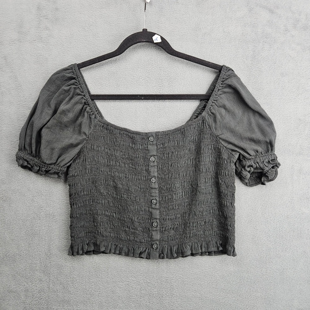 Aerie Smocked Button Front Crop Top Gray Short Puff Sleeve Square Neck Large